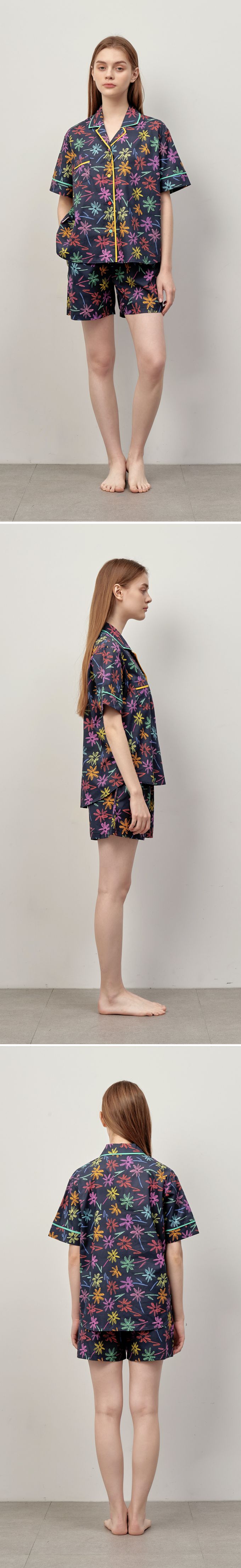 韓國 ULLALA - (情侶款)彩繪花口袋短袖睡衣套裝-女款-藍黑 (FREE)