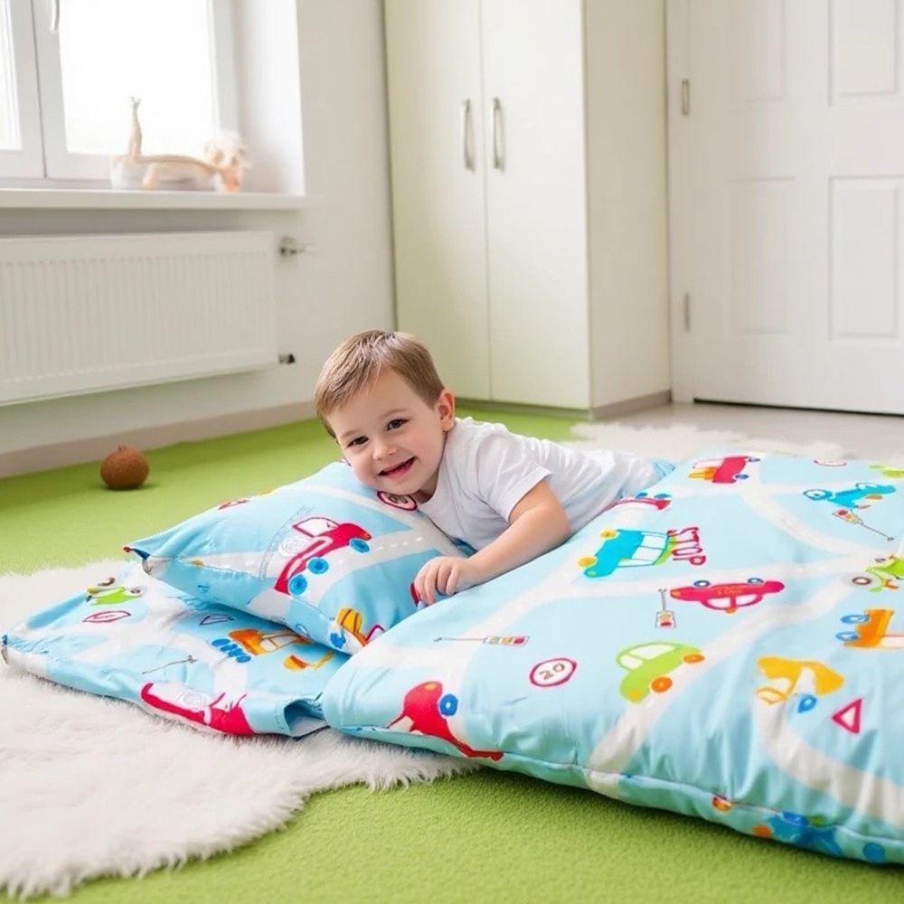 幼兒園睡袋 兒童防蟎睡袋  雙層設計（純棉+防蟎布）❤露營旅行睡墊-歡樂車遊