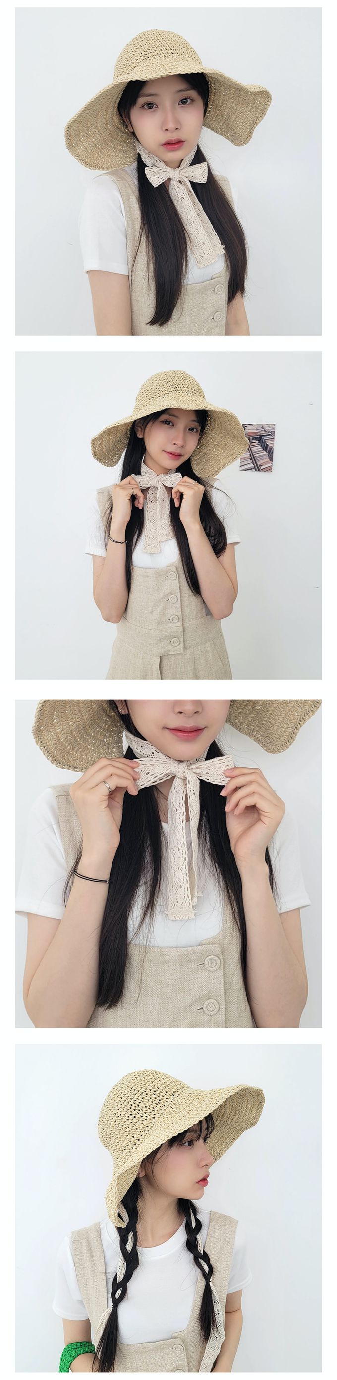 韓國 Soo&Soo - 蕾絲緞帶裝飾編織遮陽帽-奶茶咖