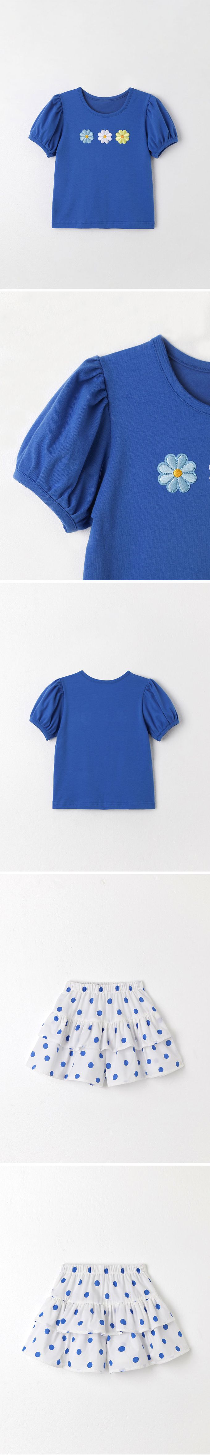 韓國 OZKIZ - 刺繡圓花裝飾層次短袖套裝-寶藍X白