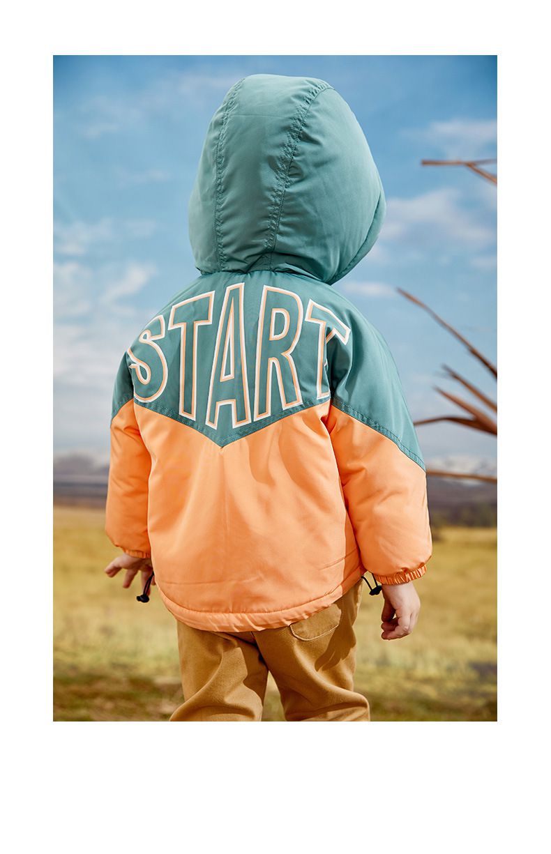 加厚連帽拼色羽絨外套-橘+綠