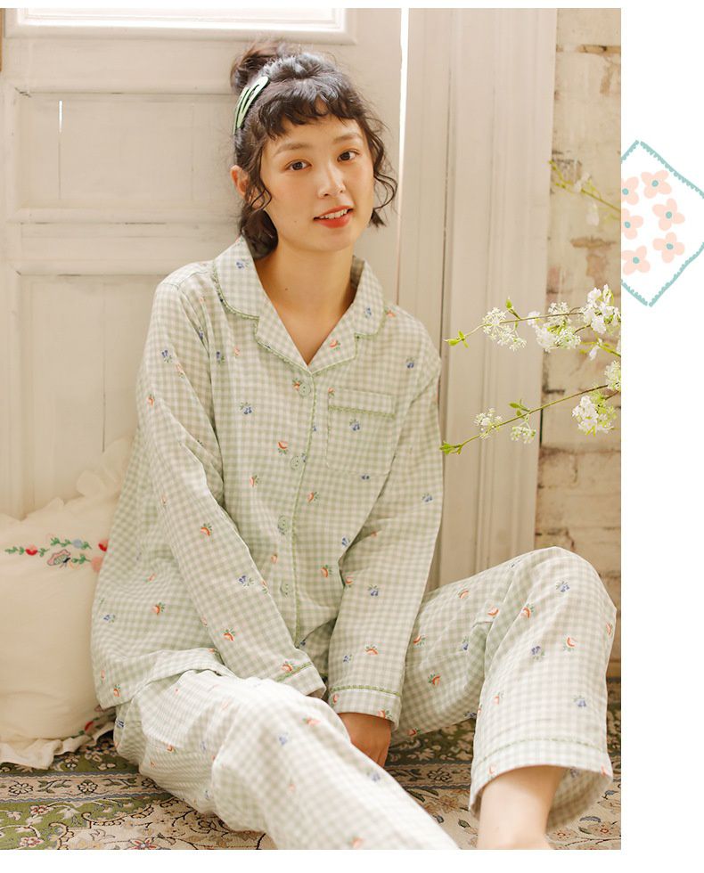 雙層棉紗布長袖家居睡衣套裝-小花綠格