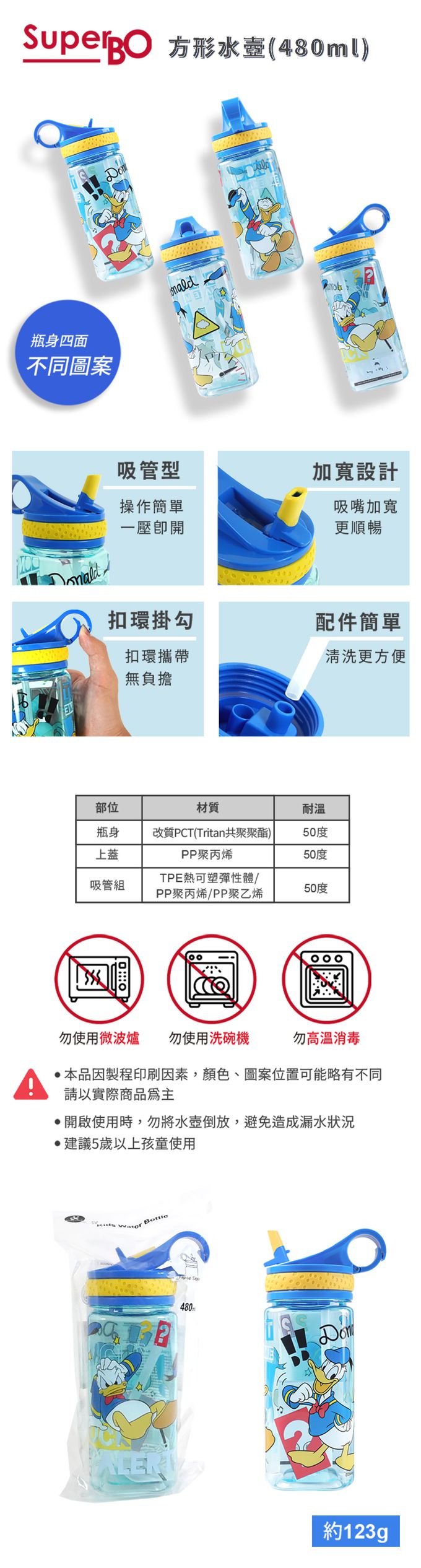 SuperBO - 兒童吸管方形水壺-唐老鴨-480ml
