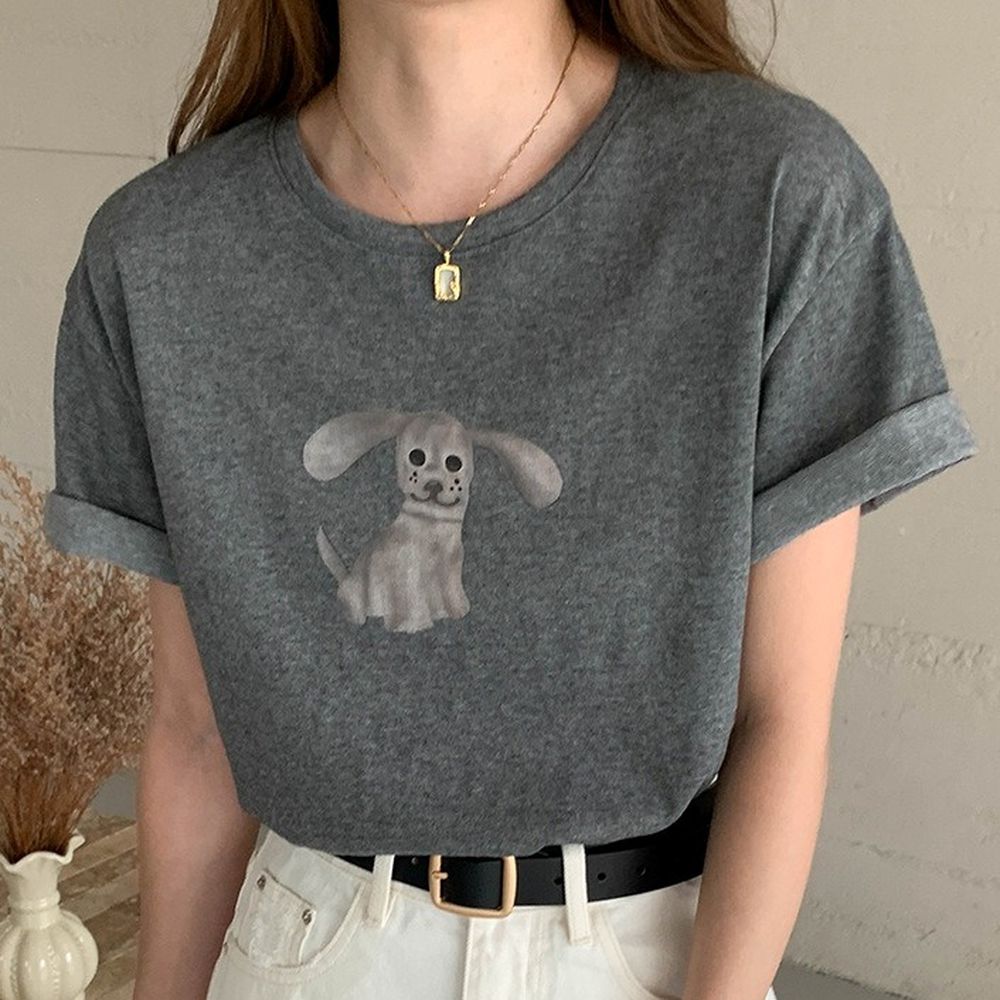 寬鬆落肩短袖上衣-趣味卡通小狗-深灰 (F)