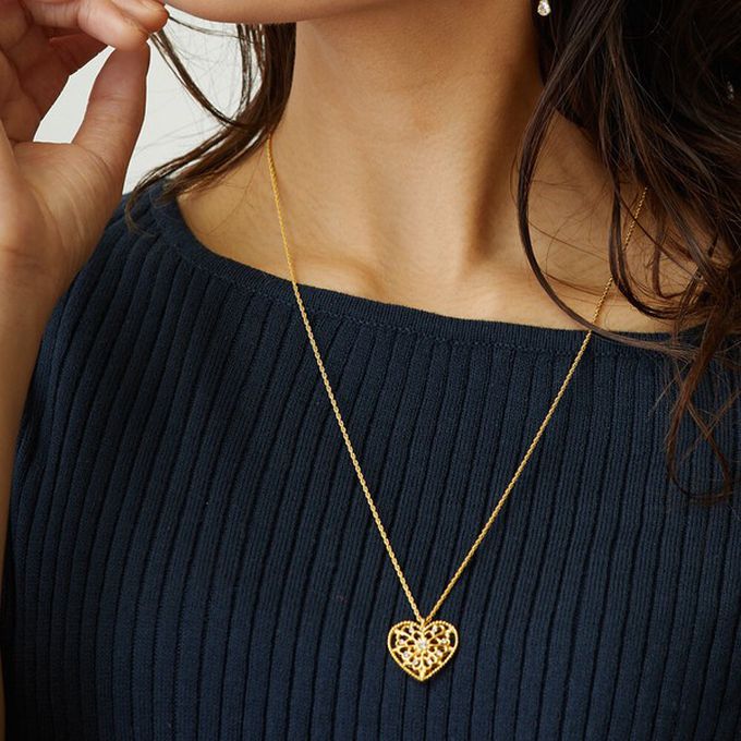 日本 Melody Accessory - 日本製 古典鏤空心形寶石長項鍊-玫瑰金