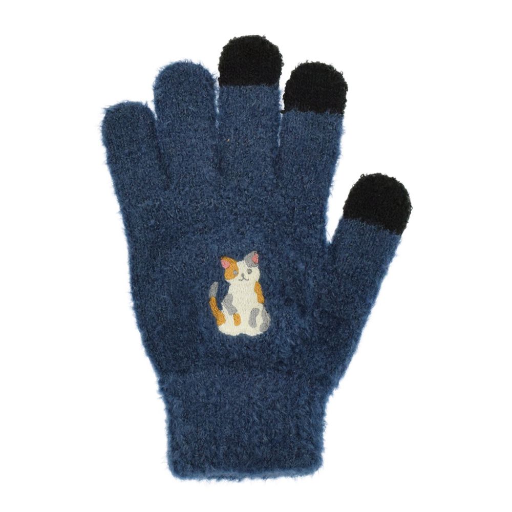 日本 TOMO - (大人)可觸控可愛動物毛絨保暖手套-小花貓-深藍