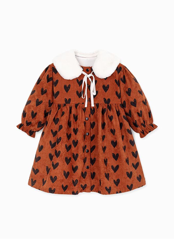 韓國 OZKIZ - (附圍領)排列愛心燈芯絨連身洋裝-棕紅