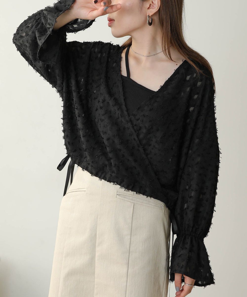 日本 Bab - 2WAY透感抽鬚糖果袖上衣-淺粉