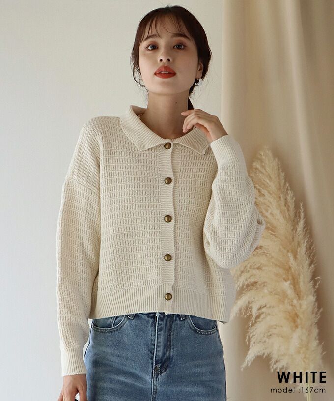 日本 BLUE EAST - 優雅金釦柔軟翻領針織上衣-白