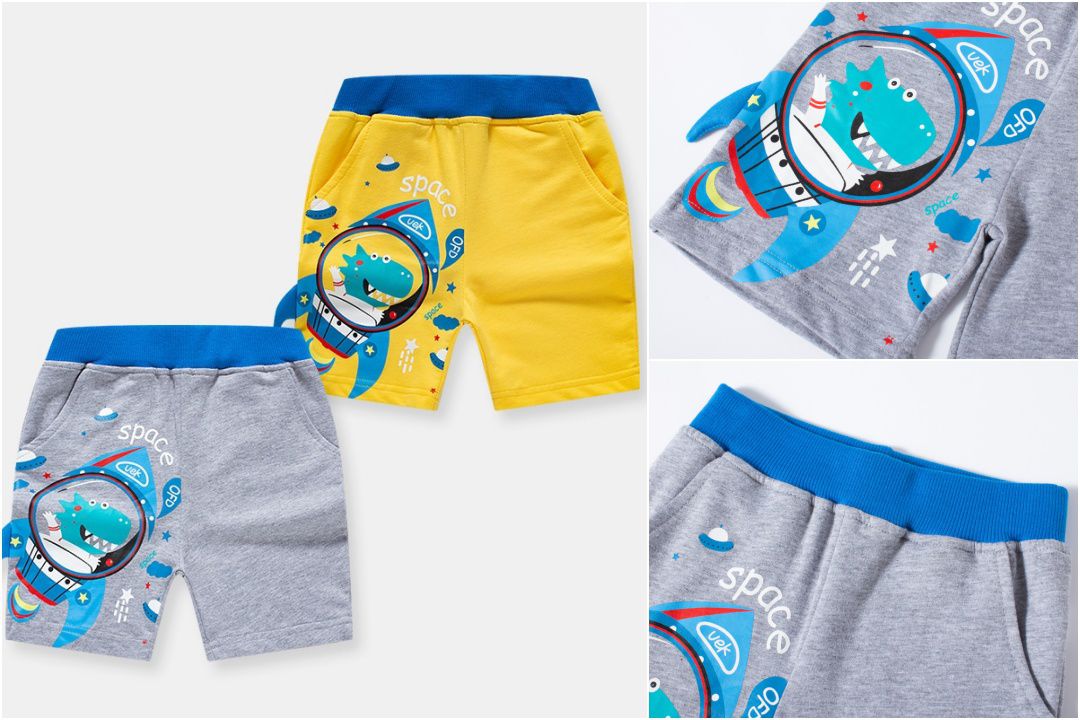 純棉休閒短褲-太空恐龍-黃色