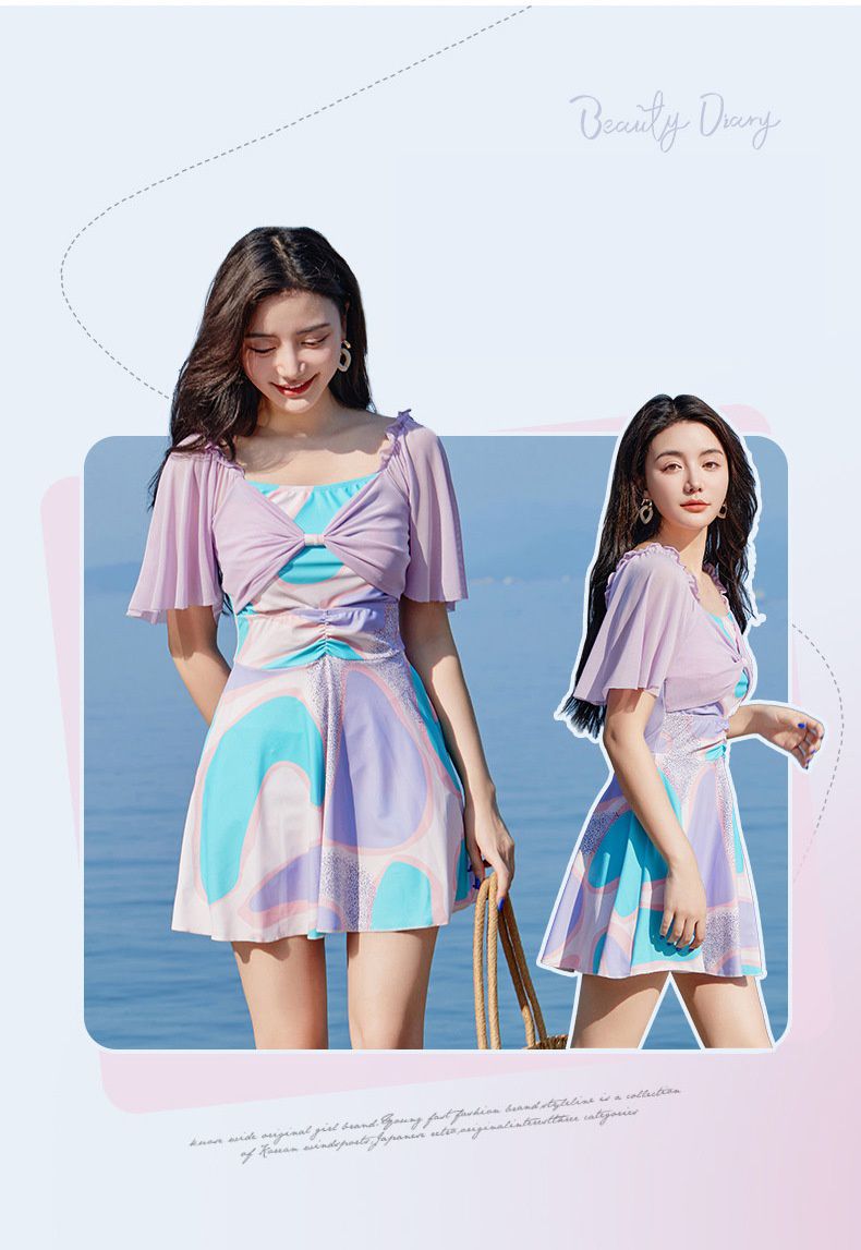 荷葉袖修身顯瘦遮肉連身裙泳衣-拼色幾何-淺紫色