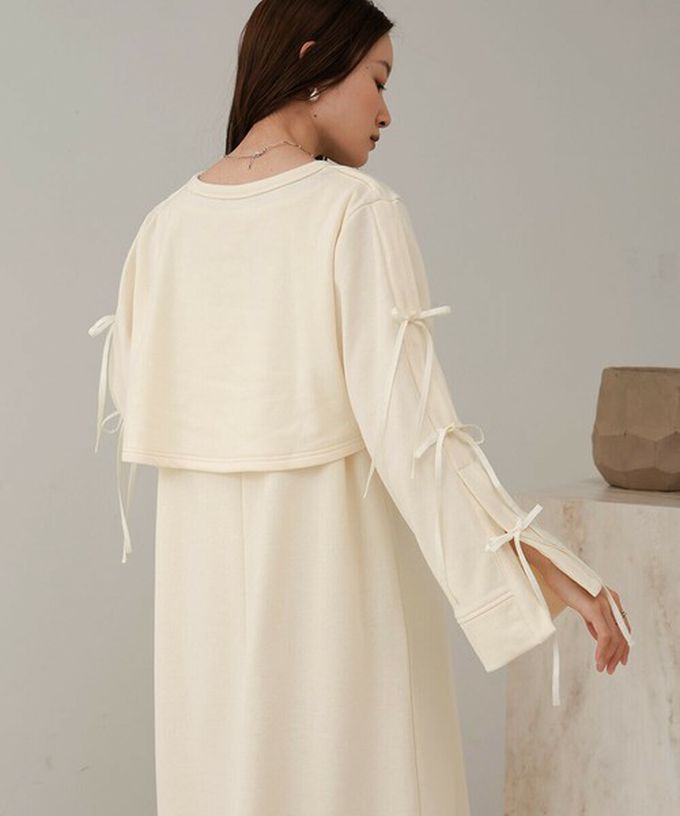 日本 Bab - 袖蝴蝶結層次感喇叭袖洋裝-象牙米