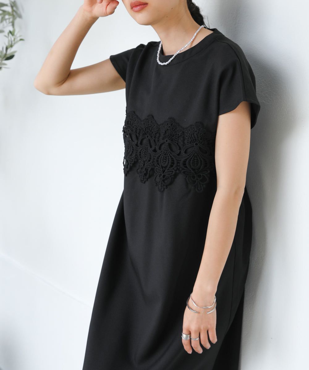 日本 Bab - 前蕾絲拼接短袖洋裝-黑