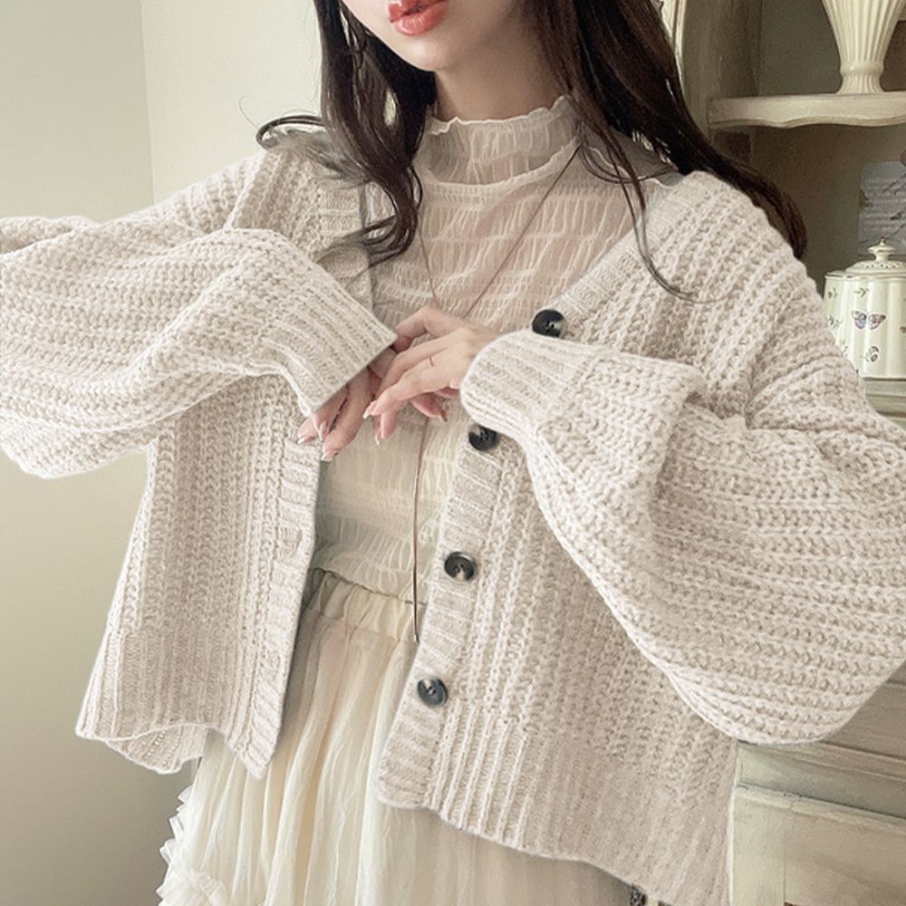 文青風粗針織V領開襟衫/外套-象牙 (F)