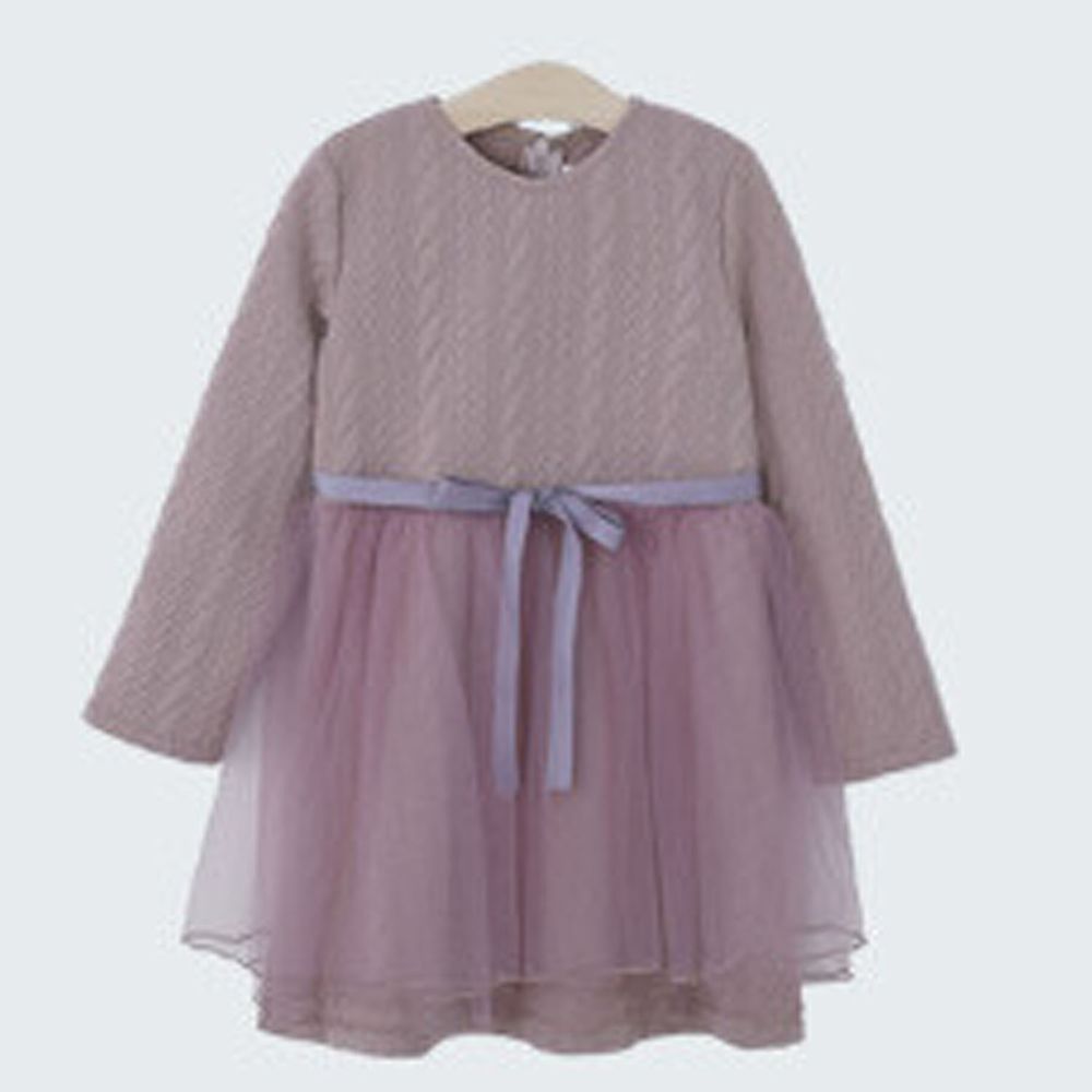 日本 Maison de Ravi - 針織紋拼接薄紗長袖洋裝-21'-星塵紫