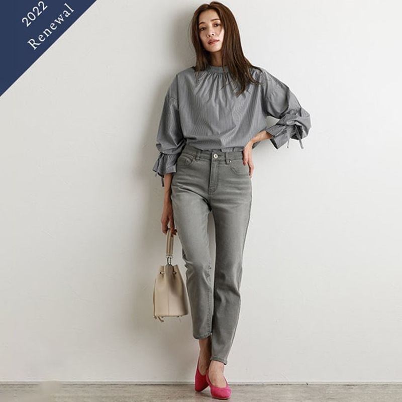 日本 BELLUNA - 簡約修長美腿彈性單寧褲-水藍