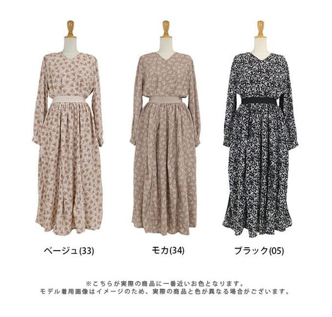 日本 BLUE EAST - 成熟花卉飄逸感V領長袖洋裝-摩卡