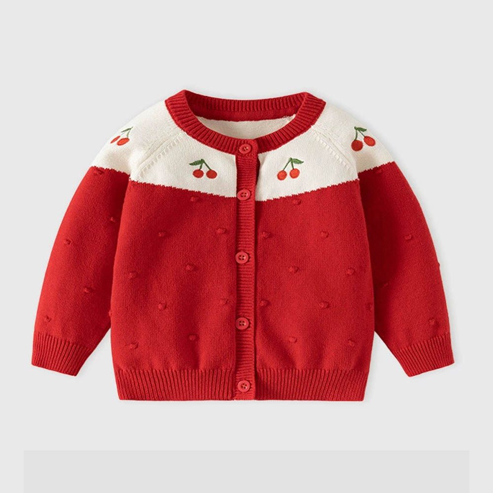 舒適圓領針織排釦外套-拼色櫻桃-紅色