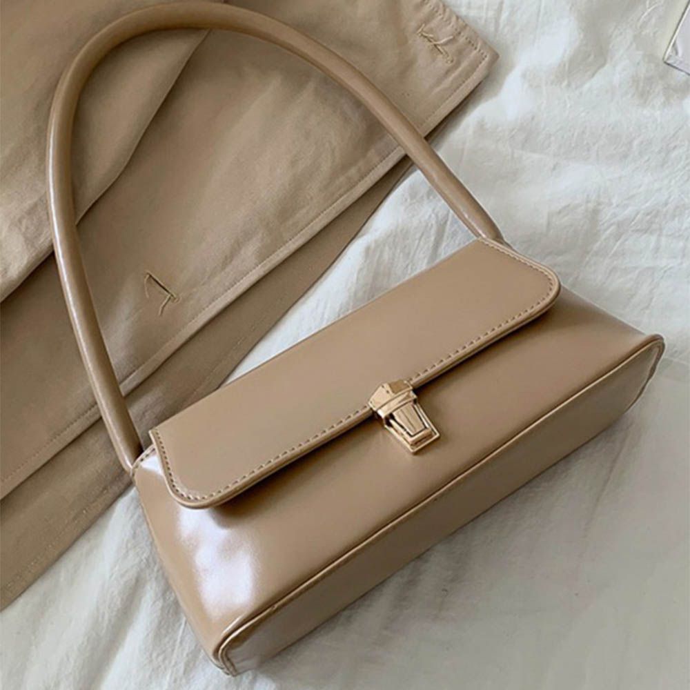 時尚優雅金扣梯形肩背包-卡其棕 (F)