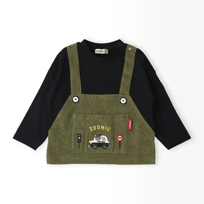 日本 ZOOLAND - 熊熊救援隊 燈芯絨吊帶拼接長袖上衣-警車-白X藍