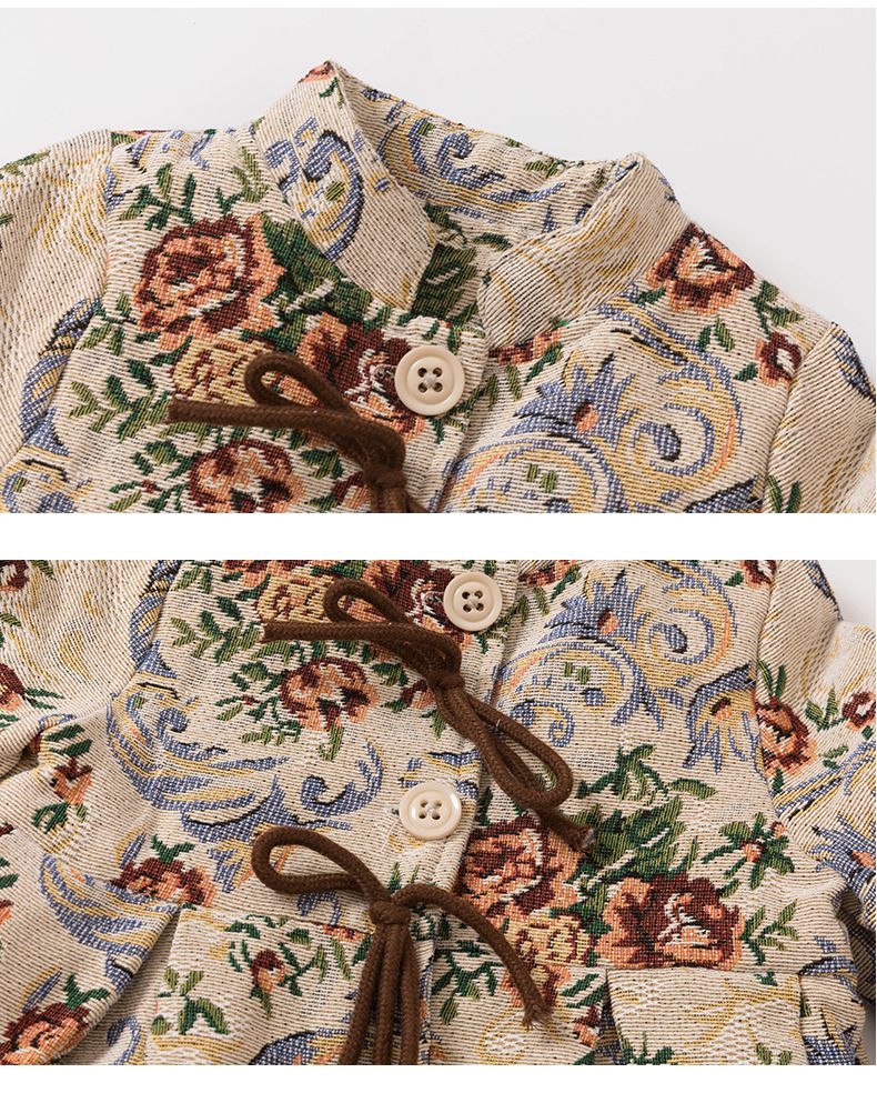 復古油畫風長版外套-花花-奶咖啡色