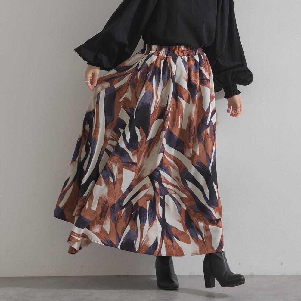油畫線條感印花飄逸長裙(附口袋)-橘藍系