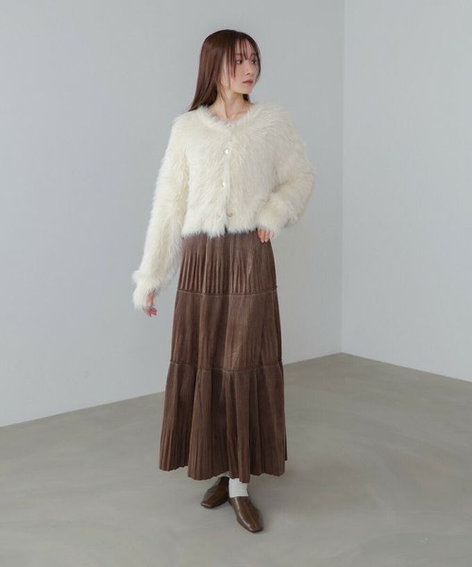 日本 Bab - 飄逸感絲滑絨面細摺長裙-卡其棕