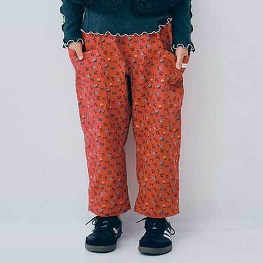繽紛感印花斜紋布寬褲-花朵-橘紅
