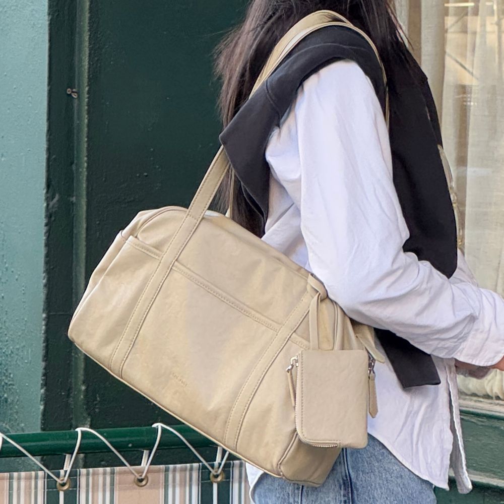 小眾設計 (附小拉鍊包)超能裝皮革保齡球肩背包-淺橄欖綠