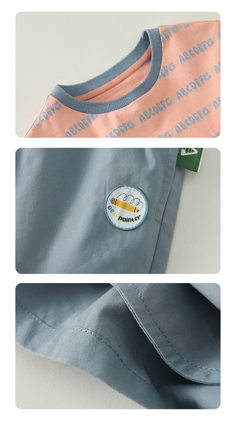 百搭休閒短袖套裝-英文字母-粉+藍