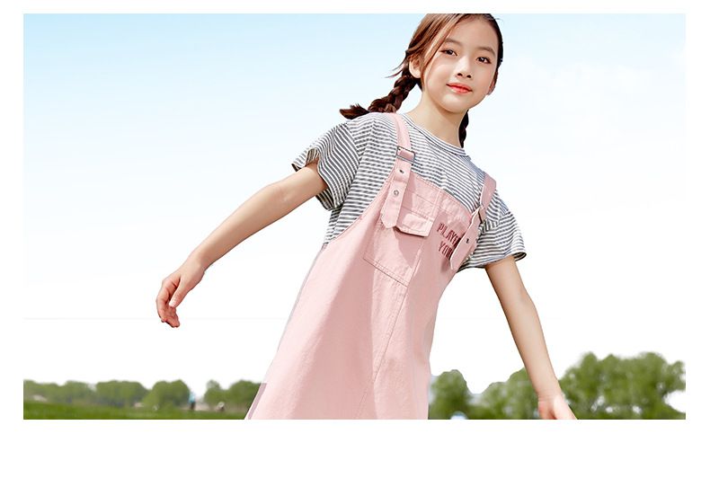 吊帶裙短袖套裝-條紋上衣+小口袋吊帶裙-黑+白+粉