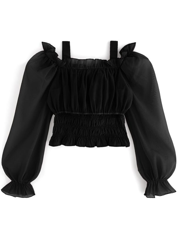 日本 GRL - 2WAY柔美紗拼接糖果袖上衣-黑 (F)