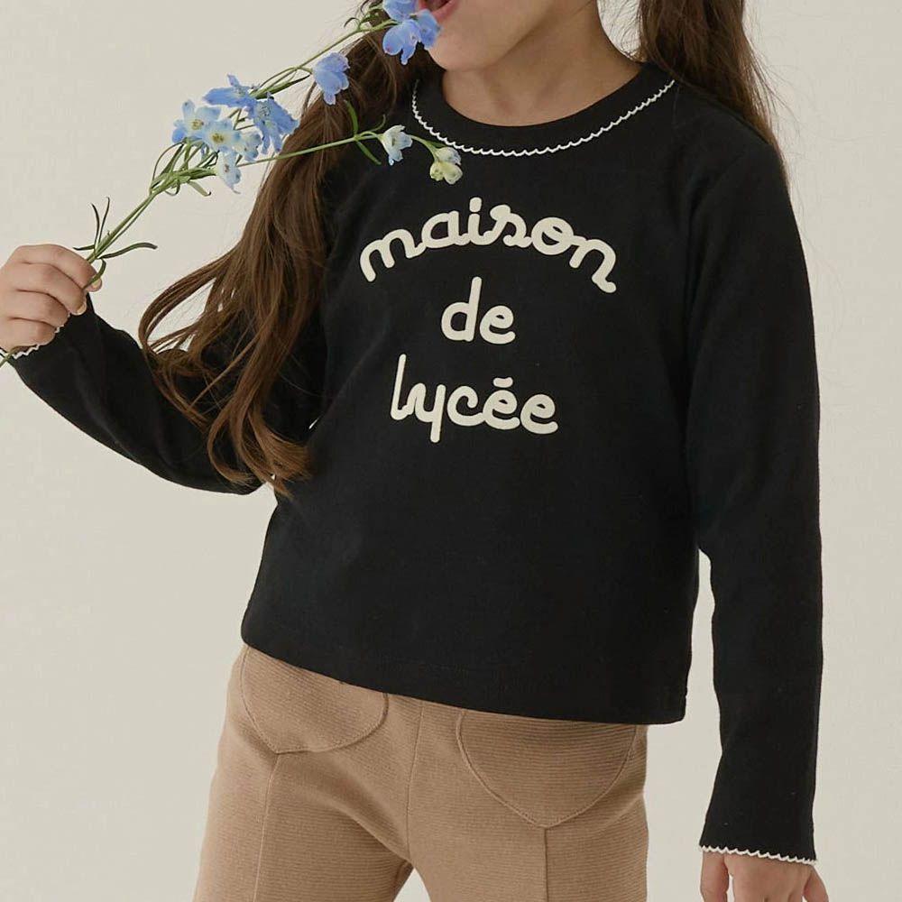 100%棉 優雅法式植絨印花長袖上衣-黑