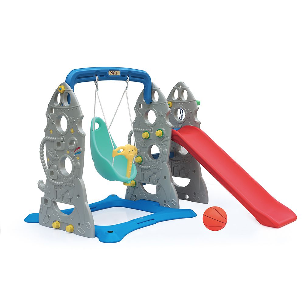 親親 Ching Ching - 100%台灣製造 火箭溜滑梯+鞦韆歡樂組 銀灰色(附籃球框/籃球+套圈圈)SL-19