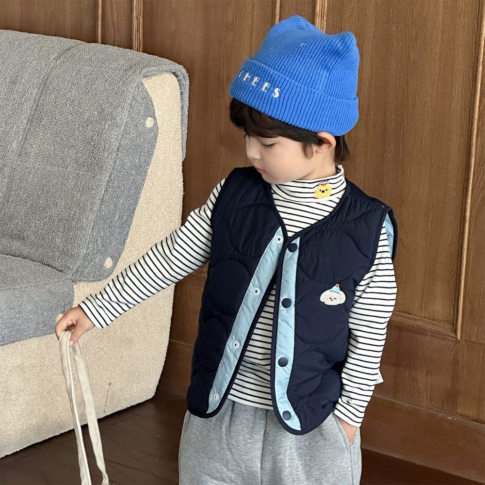 波浪紋絎縫鋪棉背心-帽子小狗-藏青