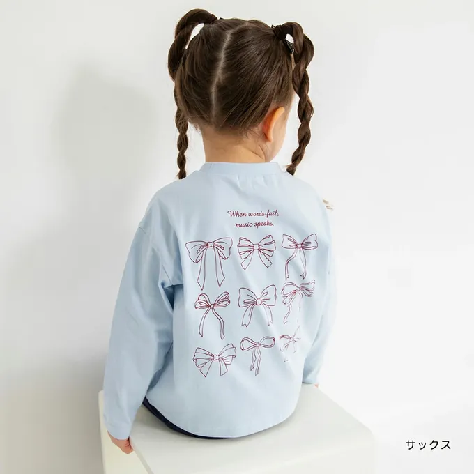 日本 BRANSHES - 100%棉 可愛女孩印花長袖上衣-手寫筆記-炭灰