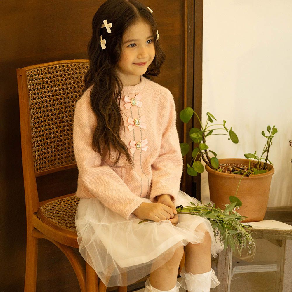 (兩件式)寶石蝴蝶結長袖針織上衣X網紗裙套裝-粉X白