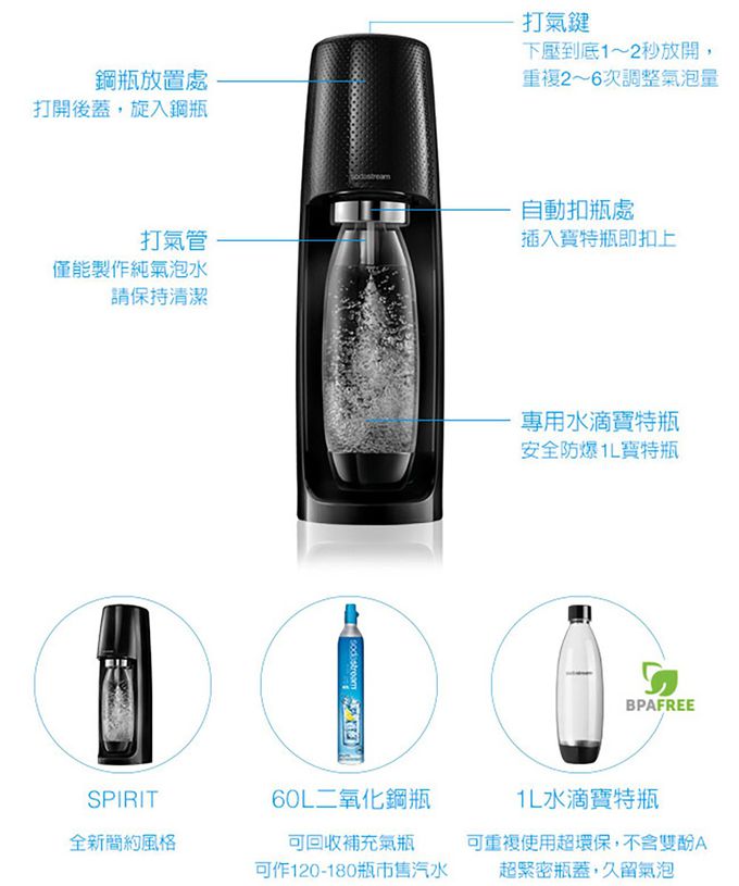 Sodastream - SPIRIT氣泡水機(附60L二氧化碳鋼瓶+1L專用水瓶)-黑-再贈專用水瓶0.5L 2入(隨機款式)