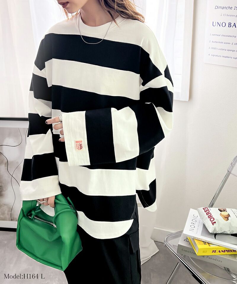 日本 Classical Elf - 美式休閒落肩長袖上衣-寬版條紋-米杏x棕