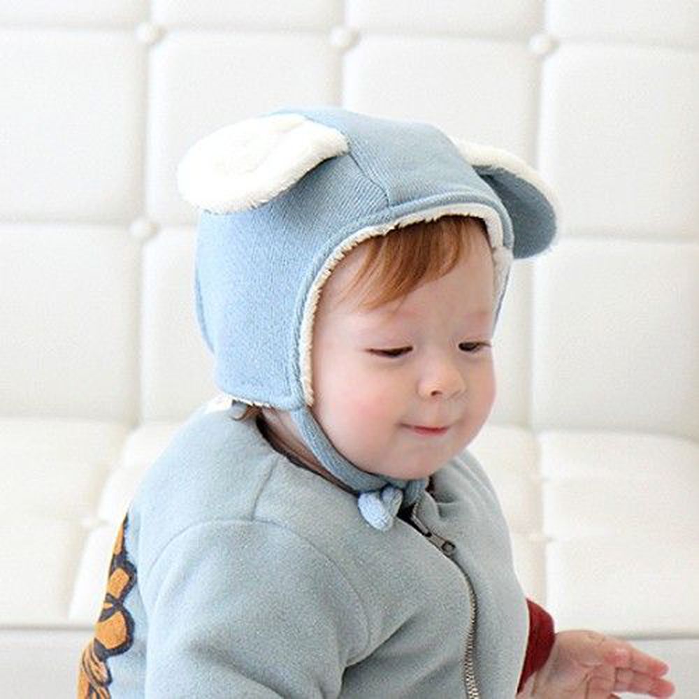 韓國 Babyblee - 綁帶兔耳朵鋪毛帽-天空藍