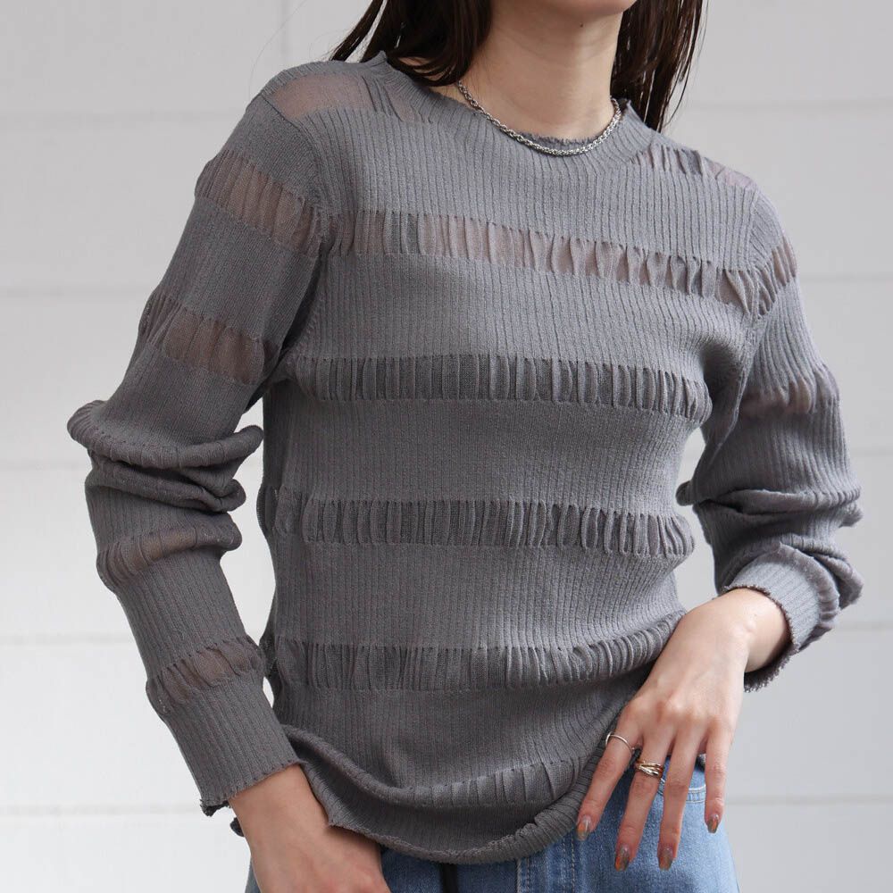 魅力條紋透膚針織長袖上衣-灰