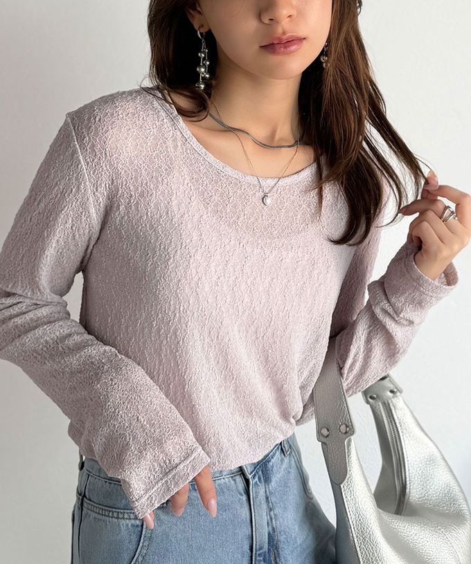 日本 Classical Elf - 網狀蕾絲透膚圓領長袖上衣-藍