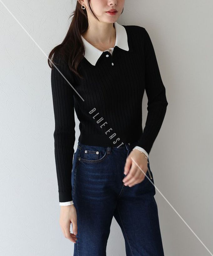 日本 BLUE EAST - 撞色雙層領針織polo長袖上衣-深灰x粉紅 (M)