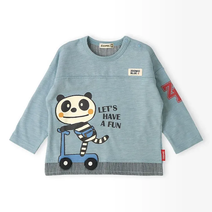 日本 ZOOLAND - 春季拼接風長袖上衣-滑板車小熊-水藍