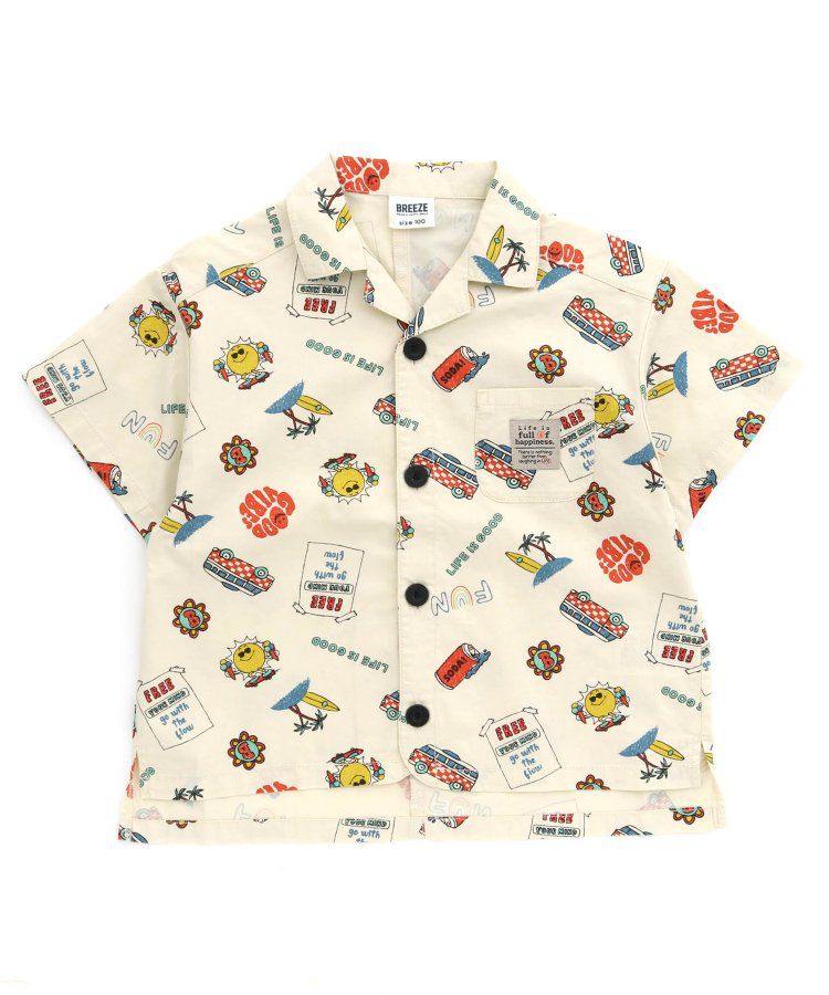 日本 BREEZE - 帥氣印花開襟短袖襯衫-丹寧藍