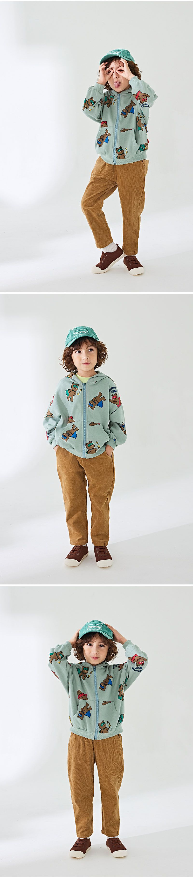 韓國 OZKIZ - 熊熊超人拉鍊連帽外套-灰綠