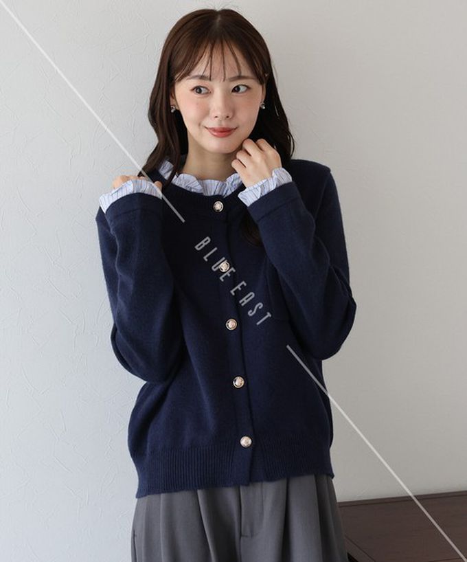 日本 BLUE EAST - 甜心假二件荷葉領金扣開襟衫-深咖啡 (M)