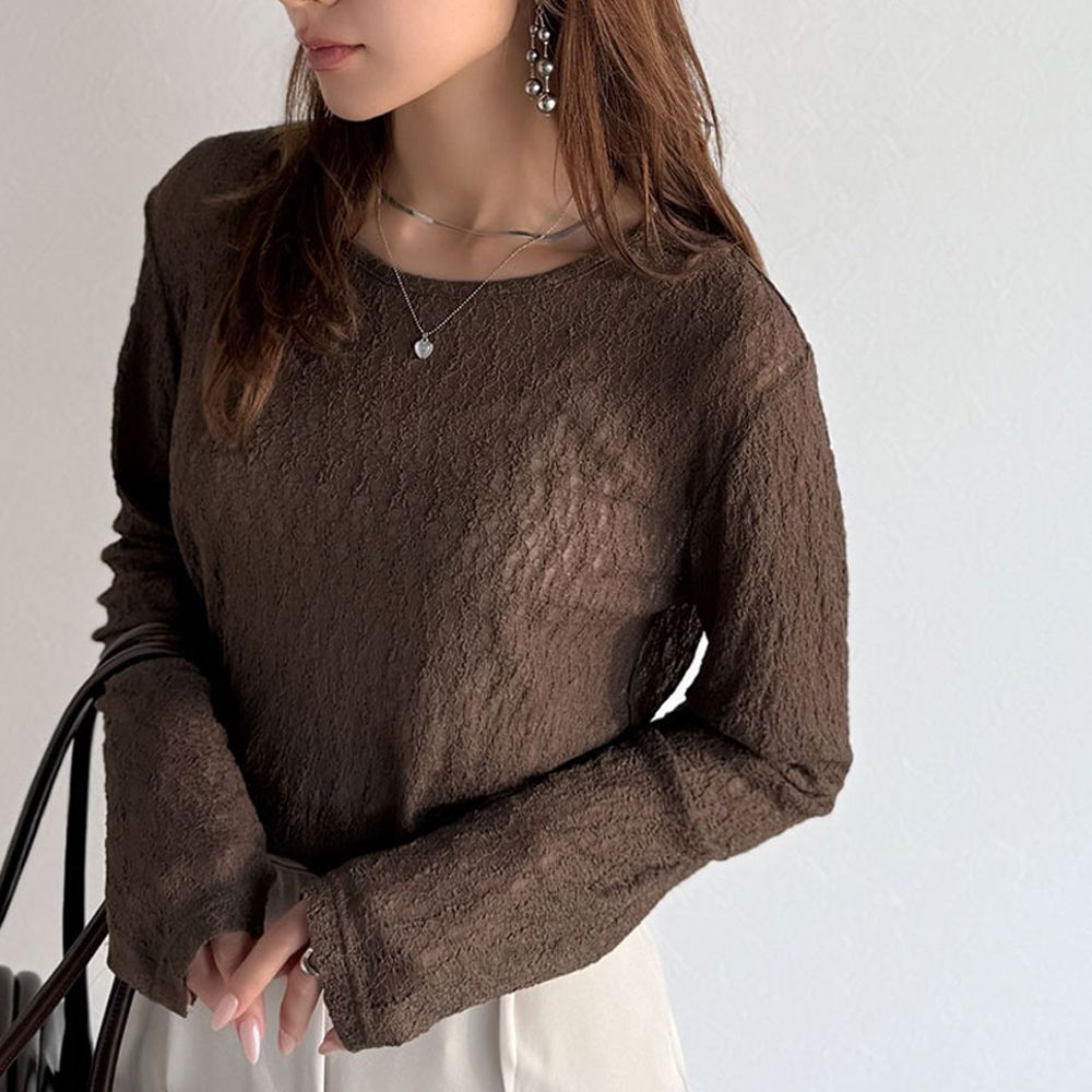 網狀蕾絲透膚圓領長袖上衣-咖啡