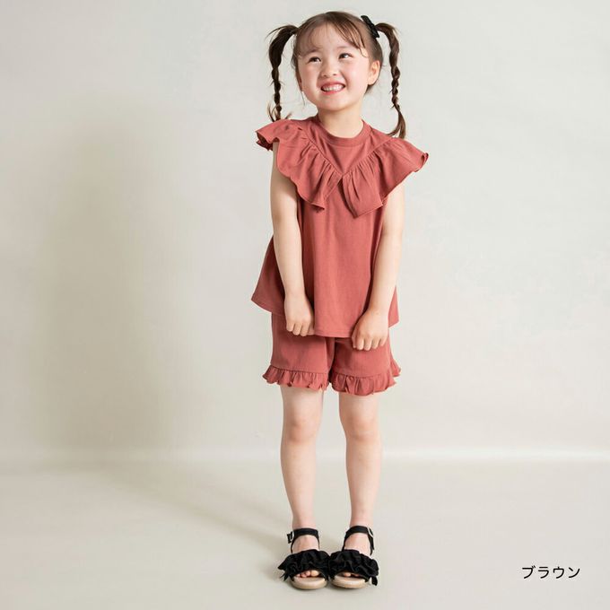 日本 BRANSHES - 俏皮荷葉大翻領短褲套裝-咖啡