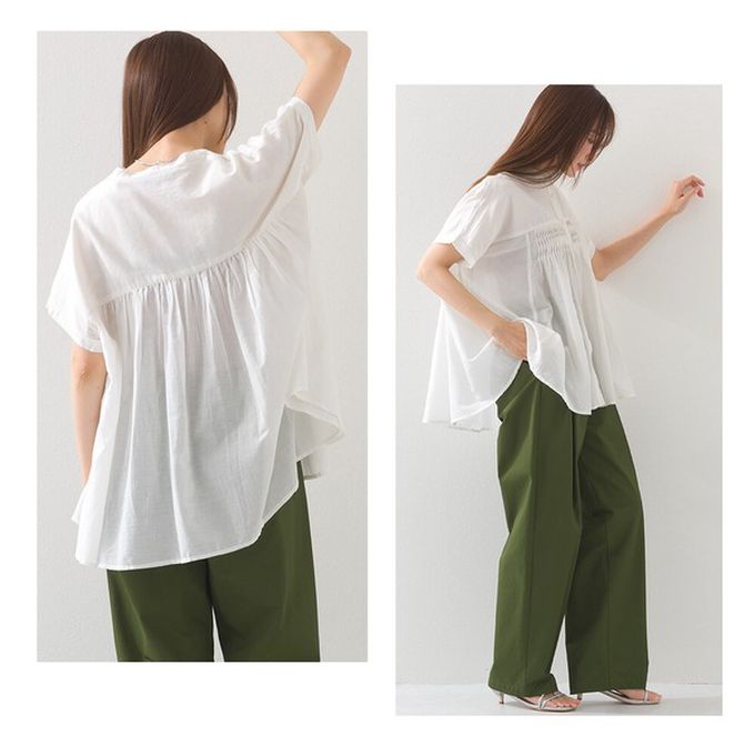 日本 OMNES - 100%印度棉 皺摺傘狀短袖襯衫-白